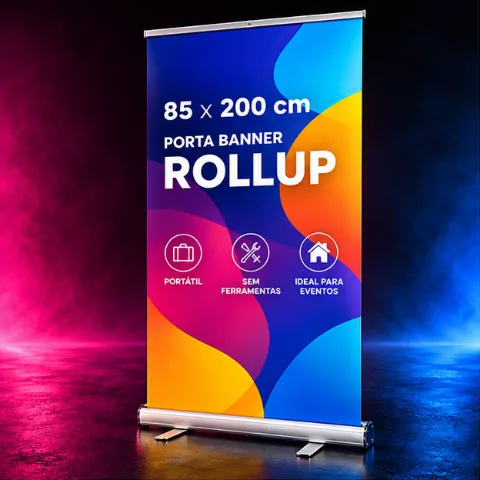 Porta Banner Roll-Up 85x200 cm em Alumínio com Lona Fosca Impressa