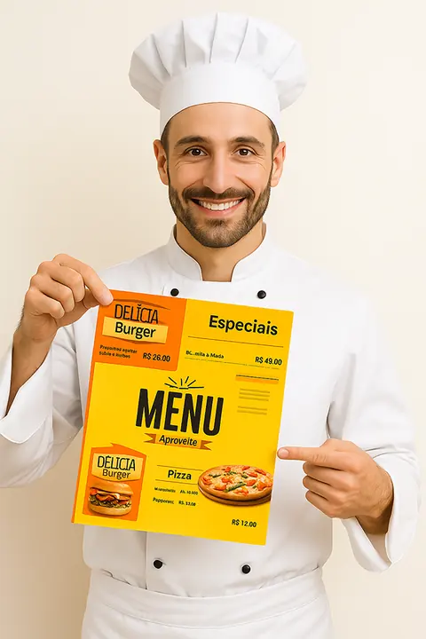 Cardápio em PS 1 mm Adesivado e Laminado Frente e Verso