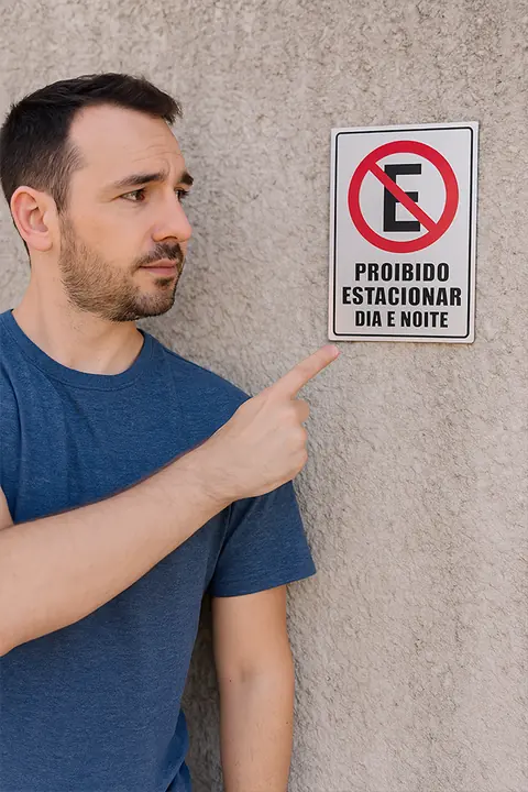 Placa Proibido Estacionar Dia e Noite ACM Escovado 15 x 20 cm